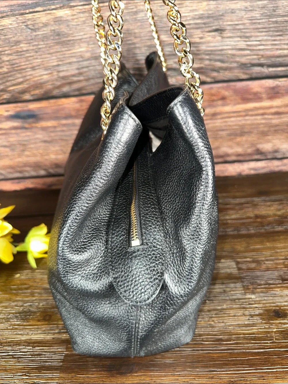 Michael Kors Black Leather 3 Compartment Shoulder Bag with Gold Chain Straps